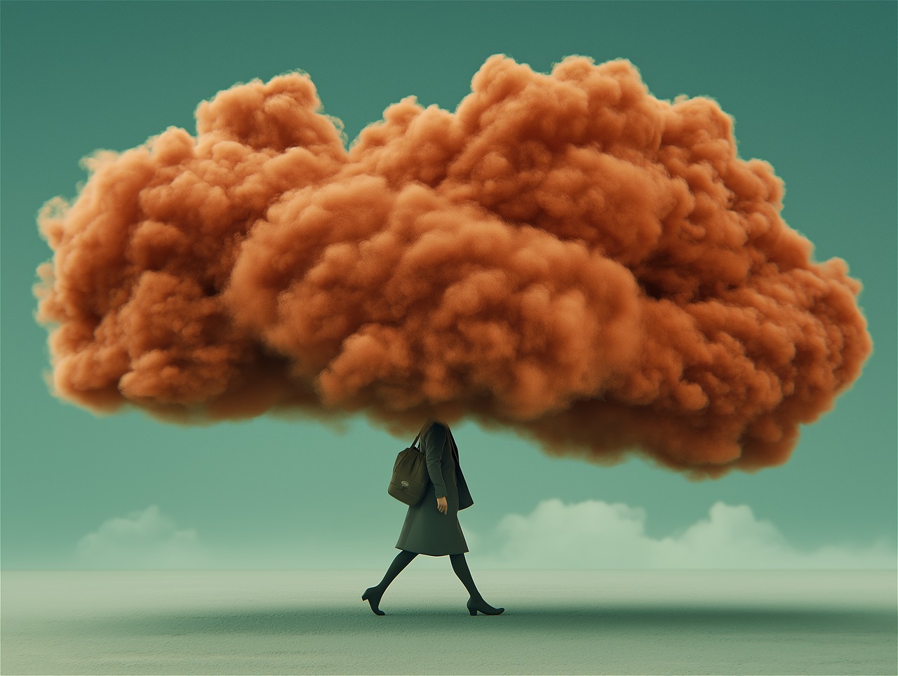 woman, walking, orange cloud, surreal, concept, moody, atmosphere, abstract, emotional, metaphor, isolated, figure, landscape, symbolic, stress, overthinking, mysterious, dramatic, artistic, dreamlike, solitude, fashion, dark tones, imaginative